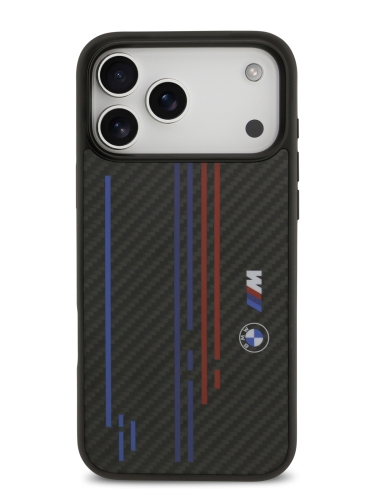 BMW для iPhone 17 Pro Max чехол M-series Kevlar Tricolor Metal logo & Cam Hard Black (MagSafe)