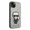 Чехол Lagerfeld Glitter flakes Ikonik patch w Metal logo Hard для iPhone 14, серебристый
