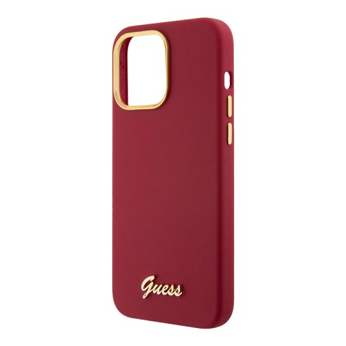 Guess для iPhone 15 Pro Max чехол Liquid silicone Gold metal logo & Camera frame Hard Magenta