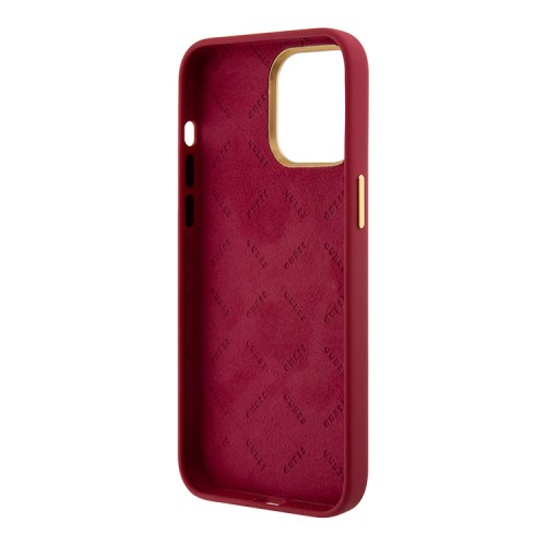 Guess для iPhone 15 Pro Max чехол Liquid silicone Gold metal logo & Camera frame Hard Magenta