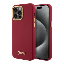 Guess для iPhone 15 Pro Max чехол Liquid silicone Gold metal logo & Camera frame Hard Magenta