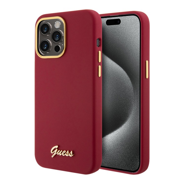 Guess для iPhone 15 Pro Max чехол Liquid silicone Gold metal logo & Camera frame Hard Magenta