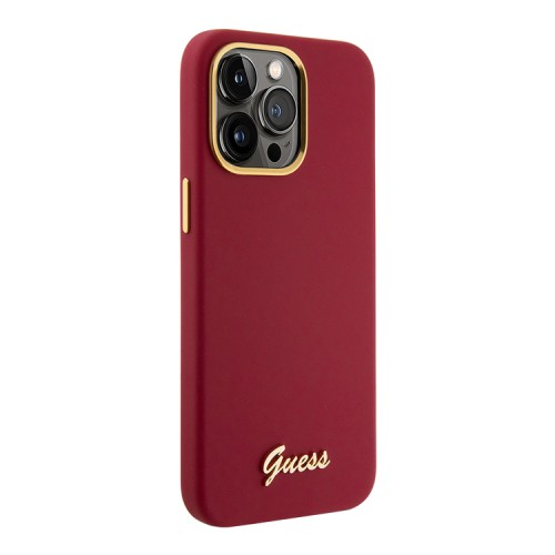 Guess для iPhone 15 Pro Max чехол Liquid silicone Gold metal logo & Camera frame Hard Magenta