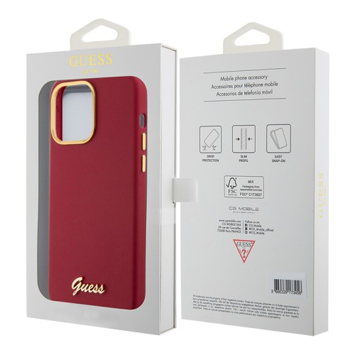 Guess для iPhone 15 Pro Max чехол Liquid silicone Gold metal logo & Camera frame Hard Magenta