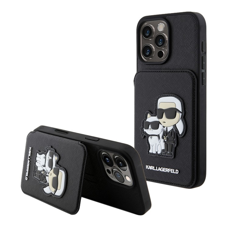 Karl Lagerfeld для iPhone 16 Pro чехол Cardslot Stand PU Saffiano NFT Karl & Choupette Hard Black