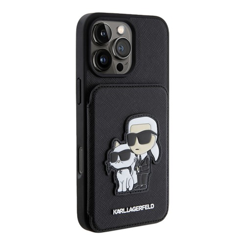 Karl Lagerfeld для iPhone 16 Pro чехол Cardslot Stand PU Saffiano NFT Karl & Choupette Hard Black