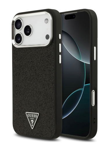 Guess для iPhone 17 Pro Max чехол Fixed Glitters Tringle metal logo Silver cam Hard Black (MagSafe)