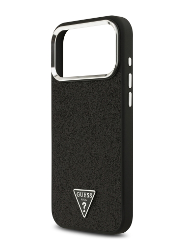 Guess для iPhone 17 Pro Max чехол Fixed Glitters Tringle metal logo Silver cam Hard Black (MagSafe)