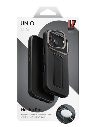 Uniq для iPhone 17 Pro чехол Heldro PRO Leatherette + FlexGrip & Camera stand Black (MagSafe)