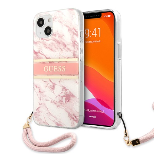 Чехол Guess Marble Hard +Nylon hand cord для iPhone 13, розовый