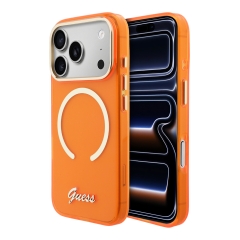 Guess для iPhone 17 Pro Max чехол IML Script Metal logo and Camera Hard Orange (MagSafe)