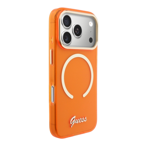 Guess для iPhone 17 Pro Max чехол IML Script Metal logo and Camera Hard Orange (MagSafe)