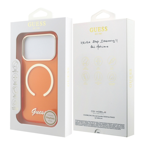 Guess для iPhone 17 Pro Max чехол IML Script Metal logo and Camera Hard Orange (MagSafe)