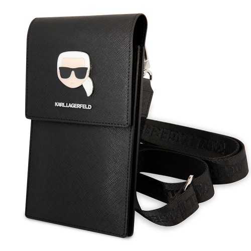 Сумка Lagerfeld Wallet Phone Bag PU Saffiano Metal Karl head для смартфонов, черная