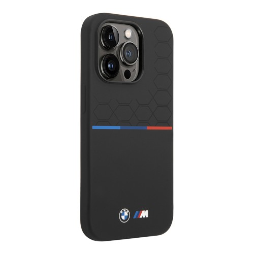 Чехол BMW M-Collection Liquid Silicone Seat pattern Tricolor line для iPhone 14 Pro, черный