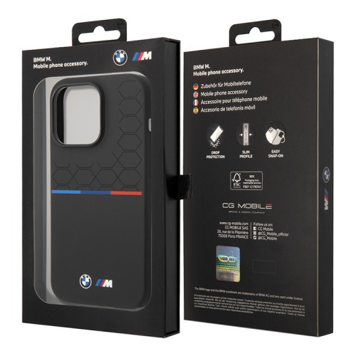 Чехол BMW M-Collection Liquid Silicone Seat pattern Tricolor line для iPhone 14 Pro, черный