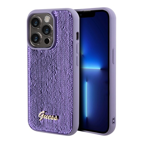 Guess для iPhone 15 Pro чехол Sequins Script metal logo Hard Purple