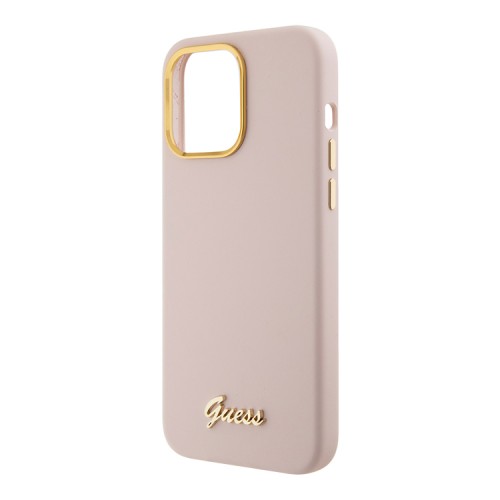 Guess для iPhone 15 Pro Max чехол Liquid silicone Gold metal logo & Camera frame Hard Pink
