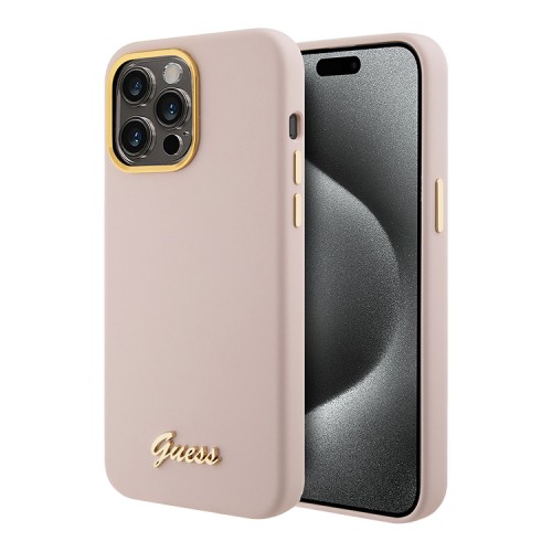 Guess для iPhone 15 Pro Max чехол Liquid silicone Gold metal logo & Camera frame Hard Pink