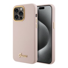 Guess для iPhone 15 Pro Max чехол Liquid silicone Gold metal logo &amp; Camera frame Hard Pink