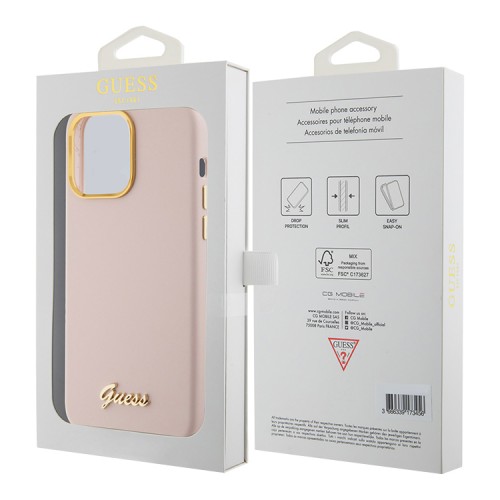 Guess для iPhone 15 Pro Max чехол Liquid silicone Gold metal logo & Camera frame Hard Pink