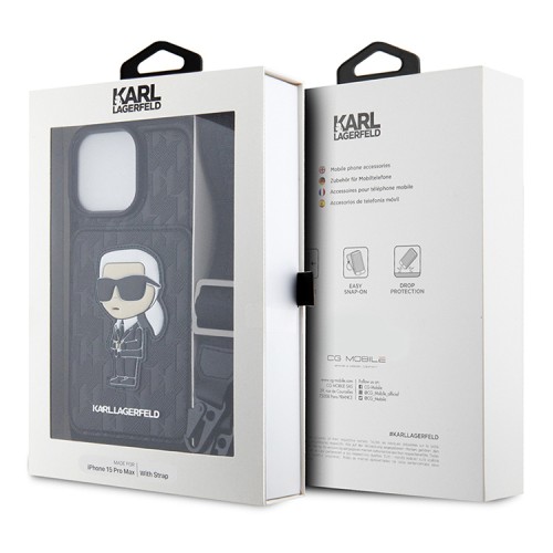 Karl Lagerfeld для iPhone 15 Pro Max чехол Crossbody cardslot PU Saffiano Monogram NFT Karl Ikon Hard Blk