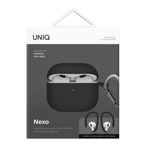 Uniq для Airpods 4 чехол NEXO Liquid silicone +carabin +Sports ear hooks Black