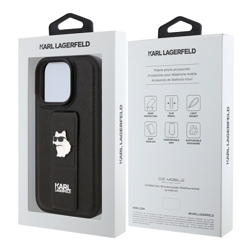 Karl Lagerfeld для iPhone 16 Pro Max чехол GripStand PU Saffiano NFT Choupette metal Hard Black