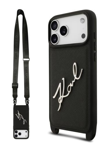 Karl Lagerfeld для iPhone 17 Pro Max чехол Crossbody PU Saffiano Autograph Hard + Strap Black