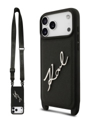 Karl Lagerfeld для iPhone 17 Pro Max чехол Crossbody PU Saffiano Autograph Hard + Strap Black