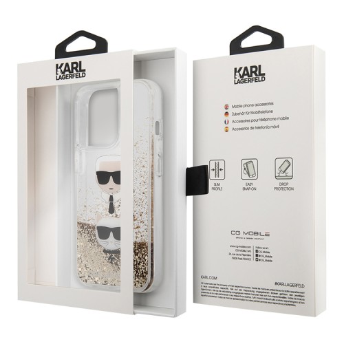 Чехол Lagerfeld Liquid glitter Karl and Choupette heads Hard для iPhone 13 Pro, золотой