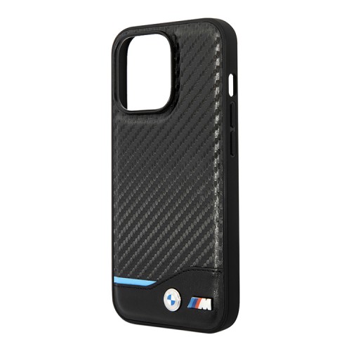 Чехол BMW M-Collection PU Carbon with blue line Hard для iPhone 14 Pro, черный