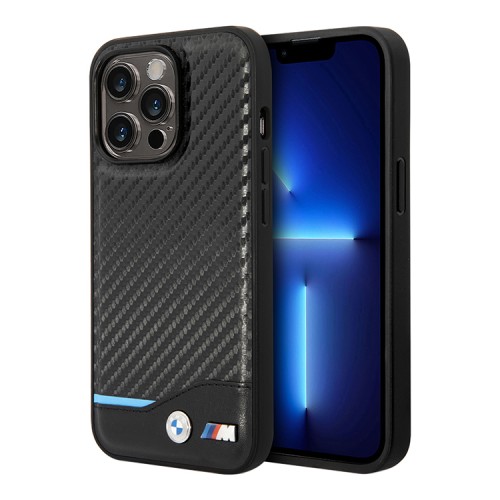 Чехол BMW M-Collection PU Carbon with blue line Hard для iPhone 14 Pro, черный