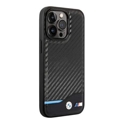 Чехол BMW M-Collection PU Carbon with blue line Hard для iPhone 14 Pro, черный
