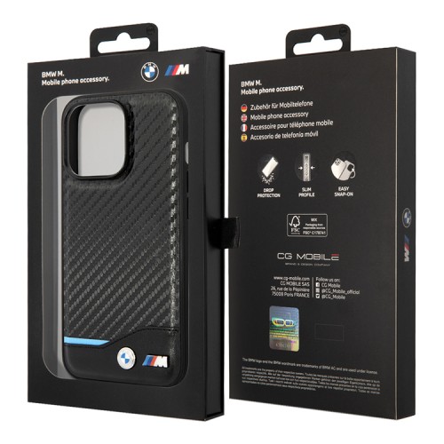 Чехол BMW M-Collection PU Carbon with blue line Hard для iPhone 14 Pro, черный