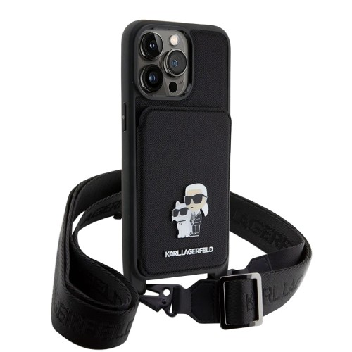 Karl Lagerfeld для iPhone 15 Pro Max чехол Crossbody cardslot PU Saffiano NFT Karl&Choup Metal Hard Black