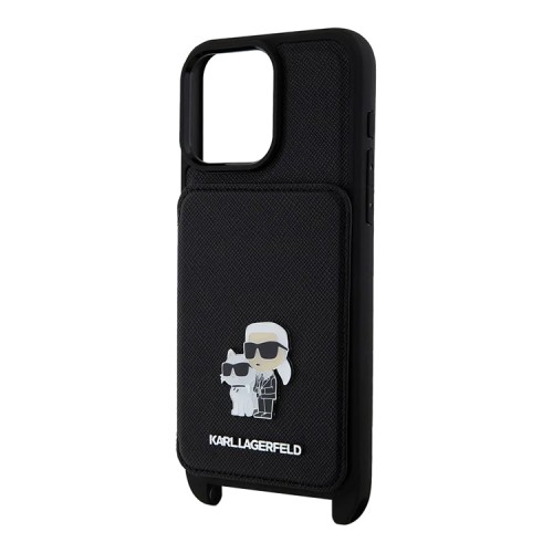 Karl Lagerfeld для iPhone 15 Pro Max чехол Crossbody cardslot PU Saffiano NFT Karl&Choup Metal Hard Black