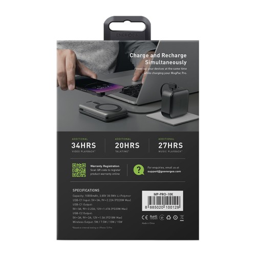 EnergEA АКБ MagPac PRO, 10000W Magsafe 15W USB-C 20W with cable and Stand Gun/Black