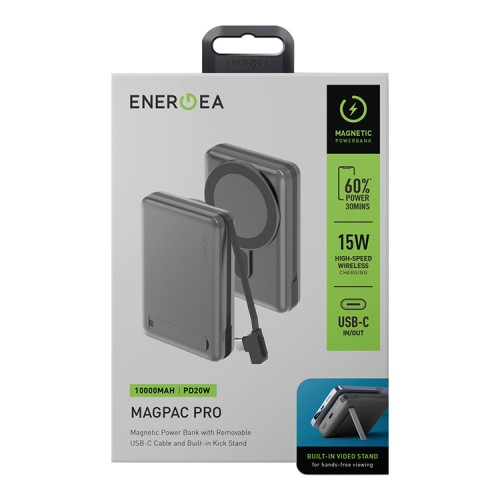 EnergEA АКБ MagPac PRO, 10000W Magsafe 15W USB-C 20W with cable and Stand Gun/Black