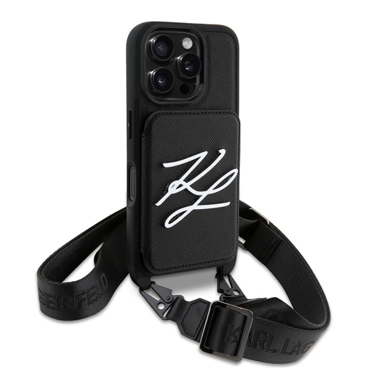 Karl Lagerfeld для iPhone 16 Pro чехол Crossbody cardslot PU Saffiano Autograph Hard Black