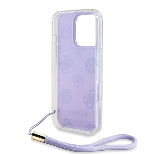 Guess для iPhone 16 Pro Max чехол PC/TPU Peony glitter + Nylon Hand cord Hard Iridescent Purple