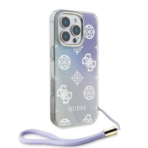 Guess для iPhone 16 Pro Max чехол PC/TPU Peony glitter + Nylon Hand cord Hard Iridescent Purple