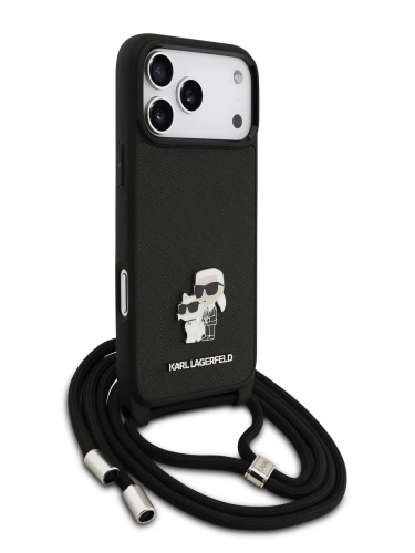 Karl Lagerfeld для iPhone 17 Pro Max чехол Crossbody PU Saffiano NFT Karl&Choupette Metal Hard + Cord Black