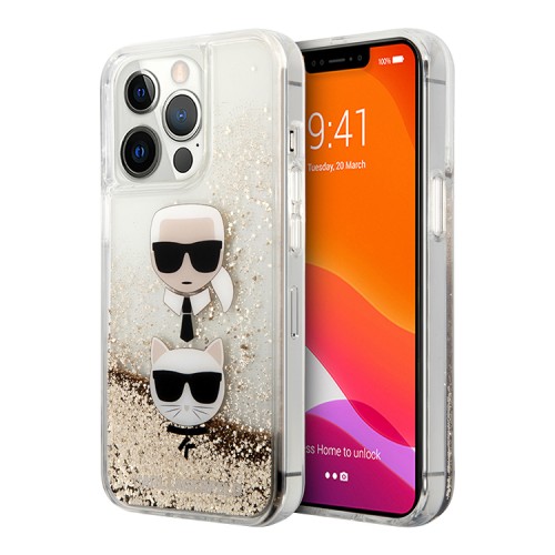 Чехол Lagerfeld Liquid glitter Karl and Choupette heads Hard для iPhone 13 Pro Max, золотой