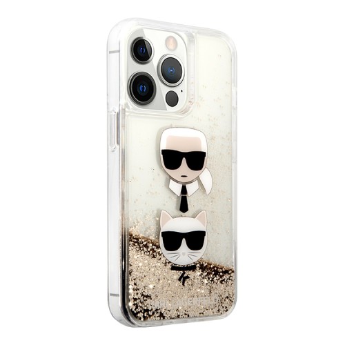Чехол Lagerfeld Liquid glitter Karl and Choupette heads Hard для iPhone 13 Pro Max, золотой