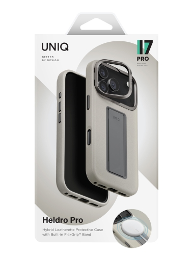 Uniq для iPhone 17 Pro чехол Heldro PRO Leatherette + FlexGrip & Camera stand Clay (MagSafe)