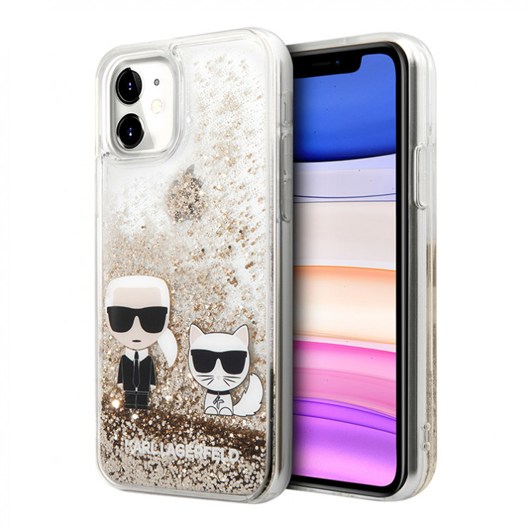 Чехол Lagerfeld Liquid glitter Karl & Choupette Hard для iPhone 11, золотой