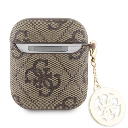 Guess для Airpods 1/2 чехол PU leather 4G with metal logo and Diamond charm Brown