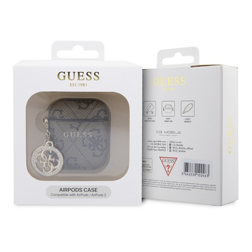 Guess для Airpods 1/2 чехол PU leather 4G with metal logo and Diamond charm Brown