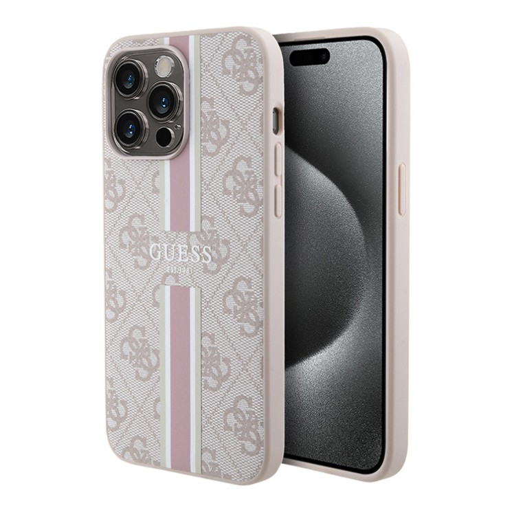 Guess для iPhone 15 Pro чехол PU 4G Stripes Hard Pink (MagSafe)